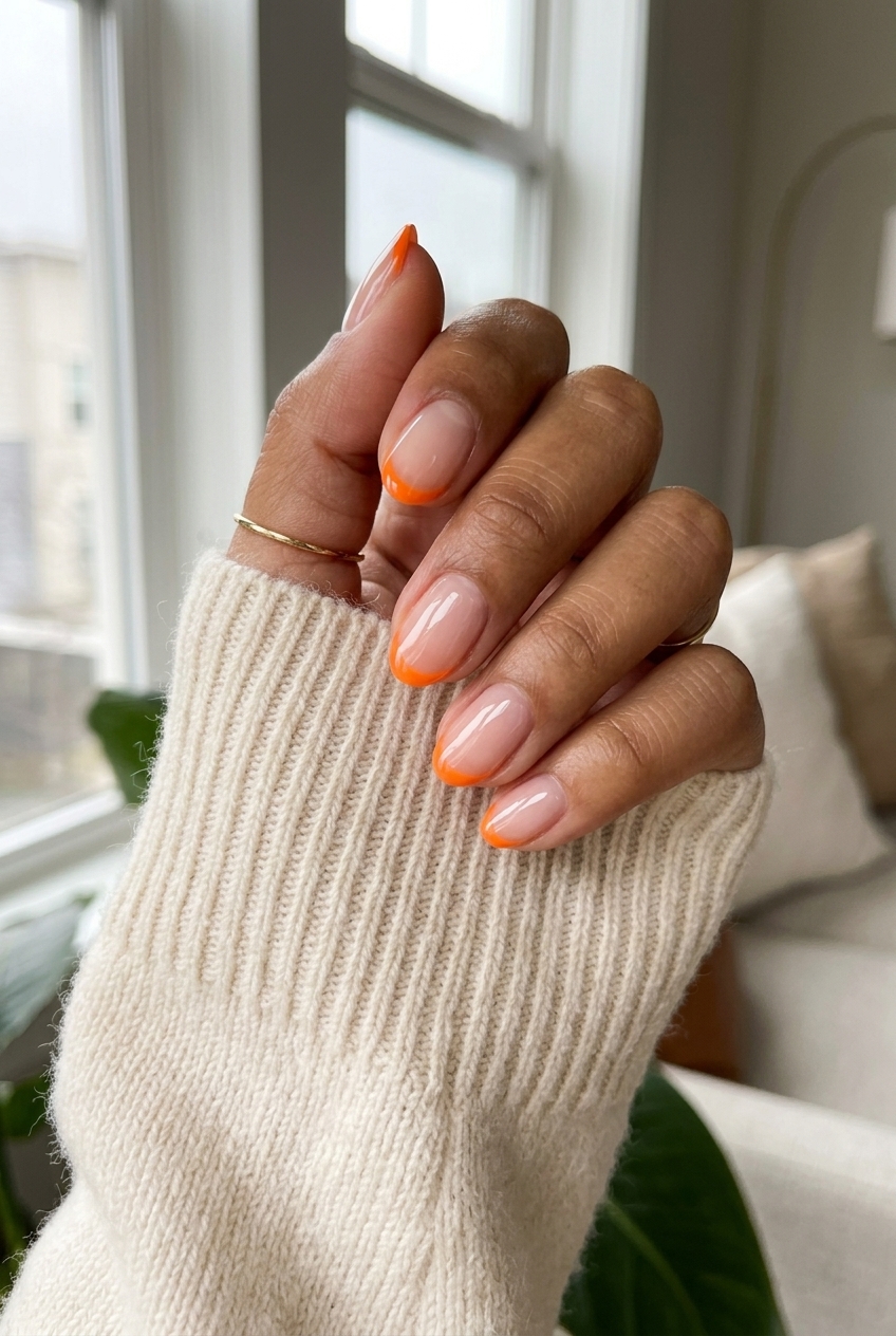 Zesty Citrus Micro French Nails 2026: Party Ready Style Zesty Citrus Micro French Oval short oval summer nails 2026 for parties. Clear base with bright tangerine orange French tip.