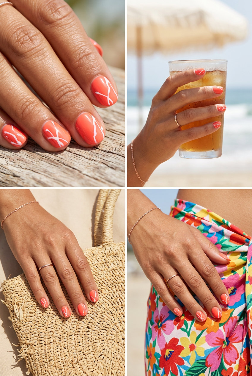Short round summer nails 2026: Vibrant coral with edgy abstract white lines. Bold for parties.