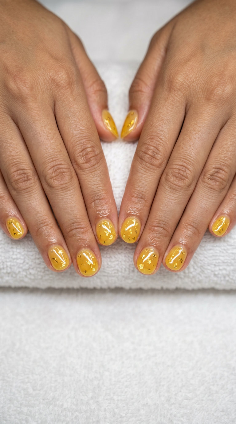 Short round summer nails 2026: Golden Hour Jelly Flakes for festivals and daytime events. Glamorous and warm.