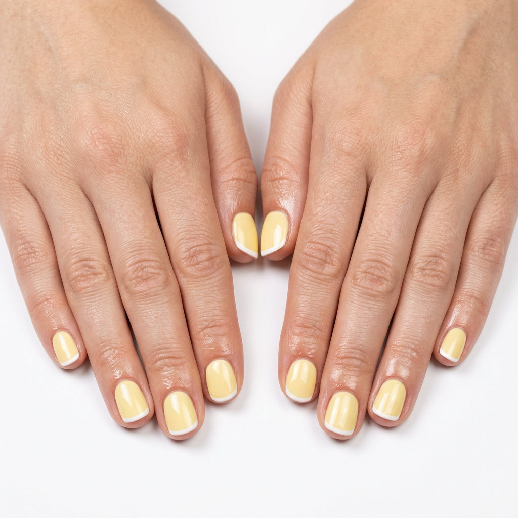 Short round summer nails 2026: Lemonade Micro French with soft yellow and white for vacation.
