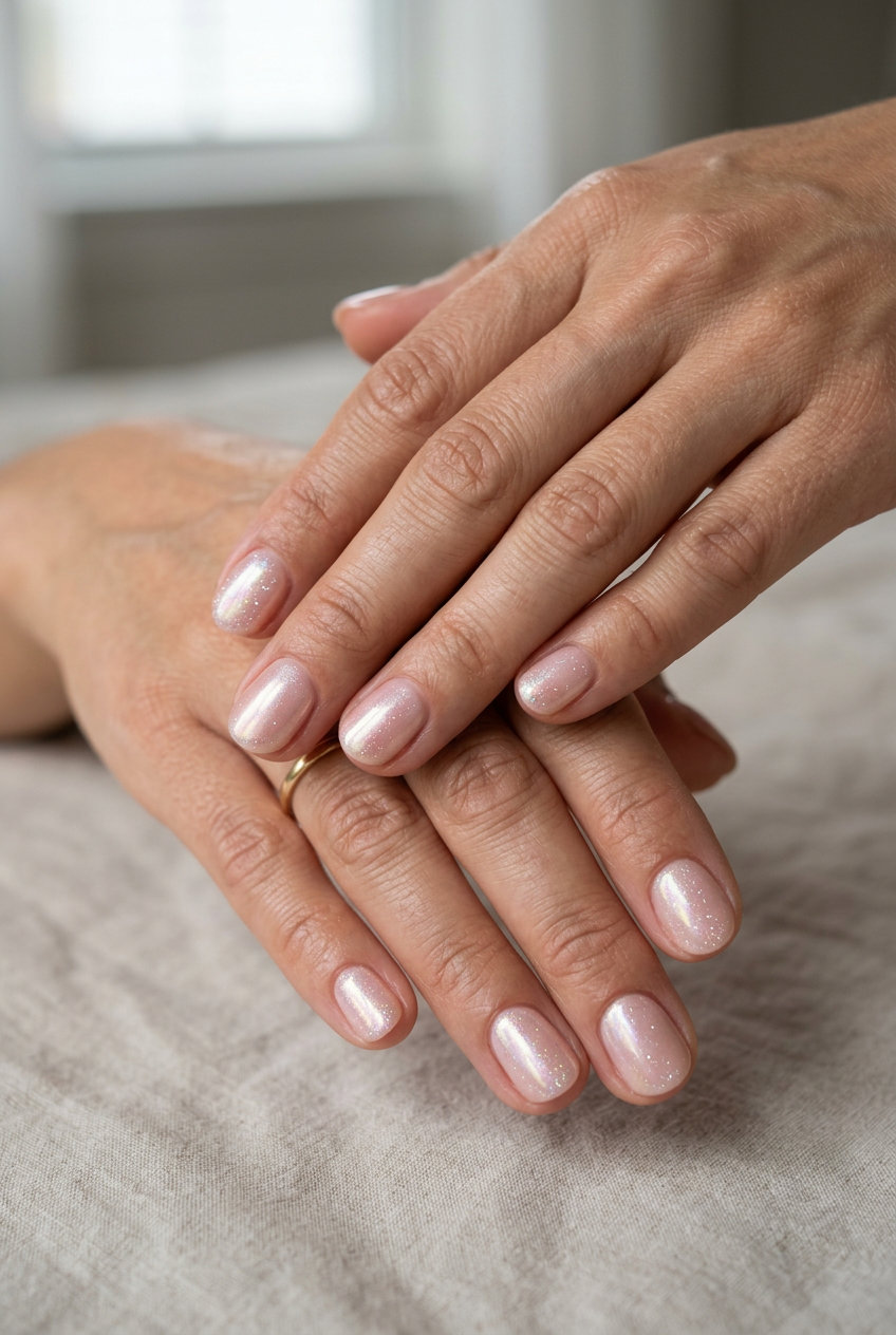 Short round summer nails 2026: Nude pink glazed donut with holographic sparkle.