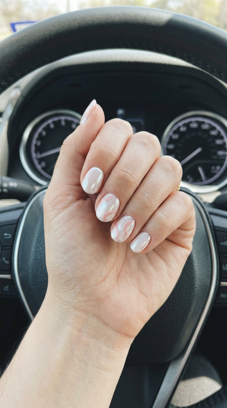 Short round summer nails 2026: Pearlescent White Subtle Swirls for weddings and date nights.