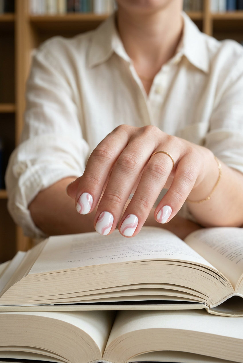 Short round summer nails 2026: White with playful soft pink abstract swirls. Chic for casual weekends.