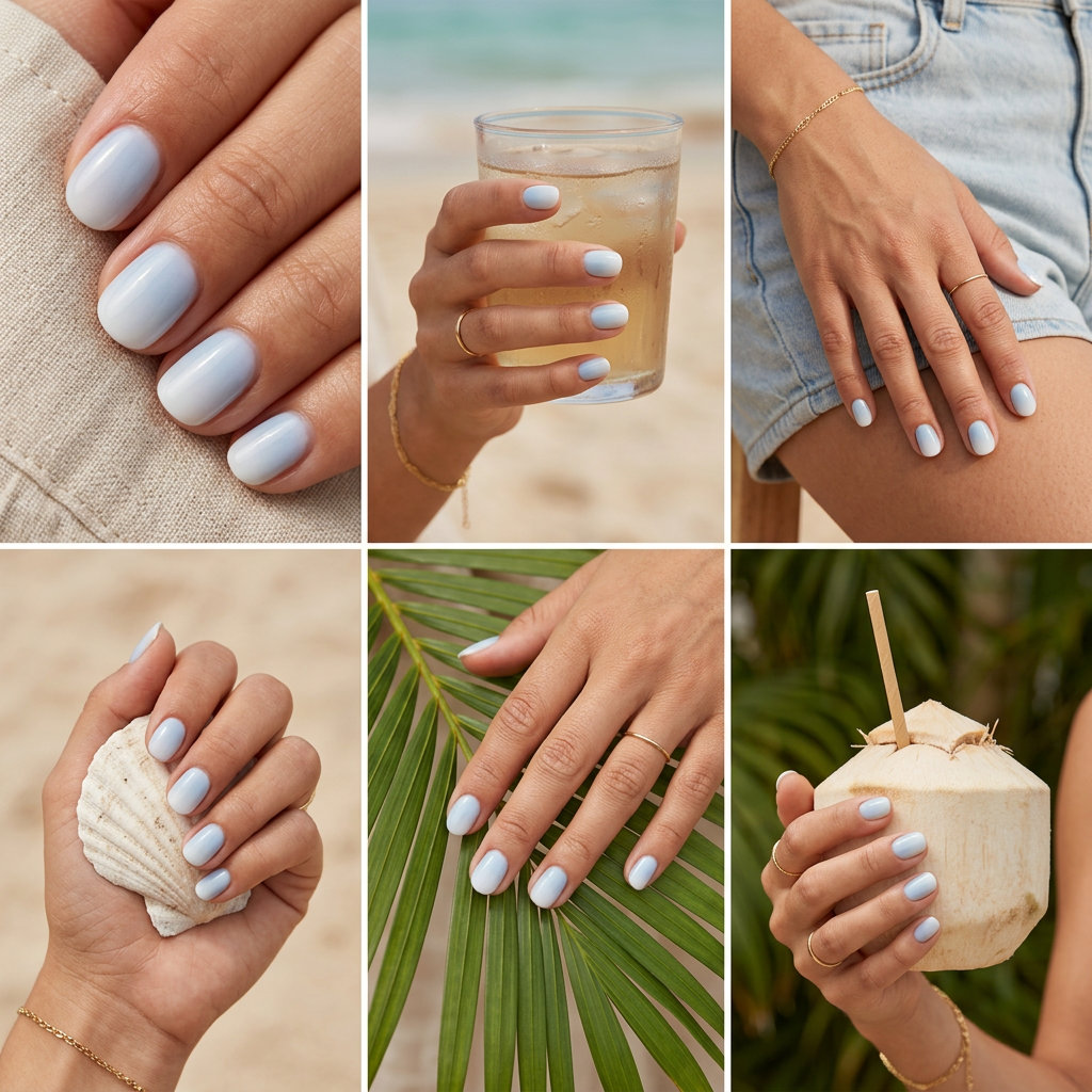 Short round summer nails 2026: Milky sky blue to soft white gradient.