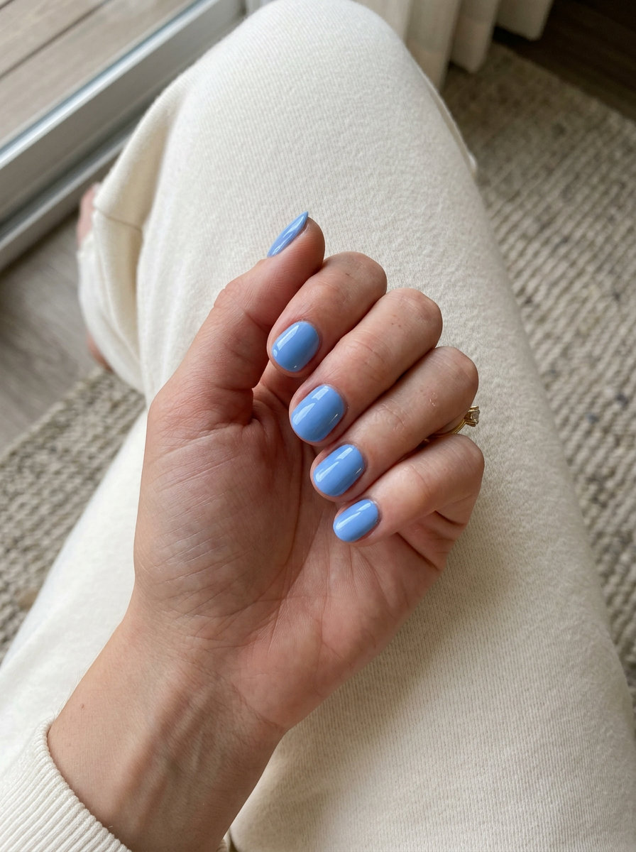 Short round summer nails 2026: Sky Blue Summer Shine for vacations and parties. Refreshing and bold.