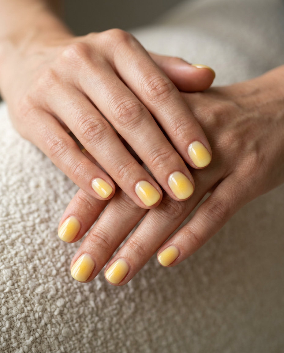 Short round summer nails 2026: Soft yellow gradient aura for casual weekend & festival vibes.