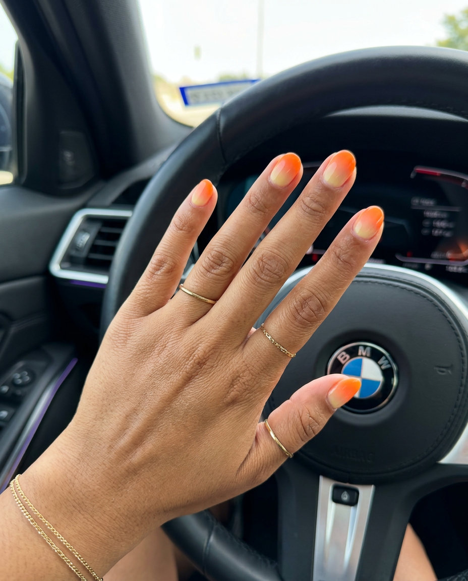 Short round summer nails 2026: Soft yellow gradient aura design with diffused cuticle effect. Whimsical and dreamy.