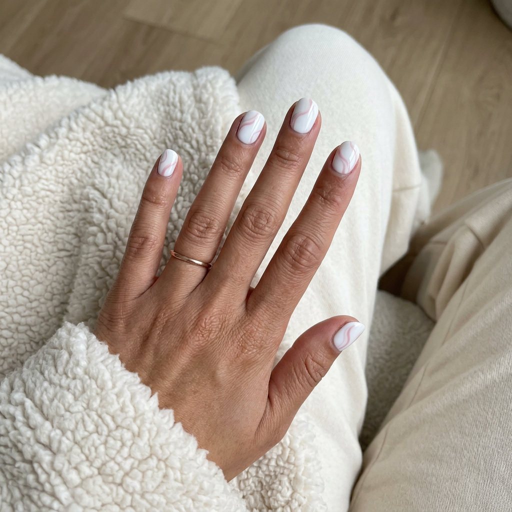 Short round summer nails 2026: Blush Swirl Summer Skies for brunch and everyday wear. Playful and feminine.