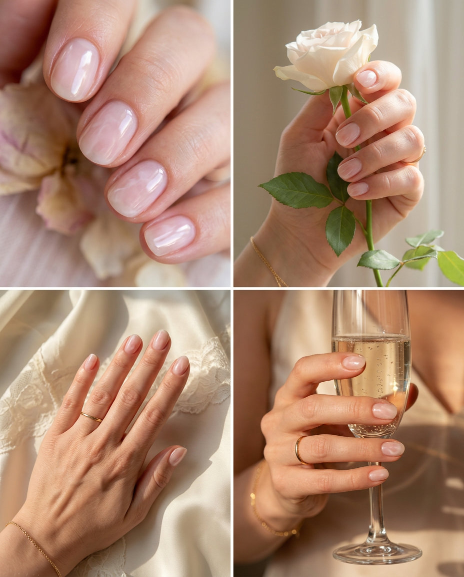 Short round summer nails 2026: Milky translucent pink with a high-gloss finish.
