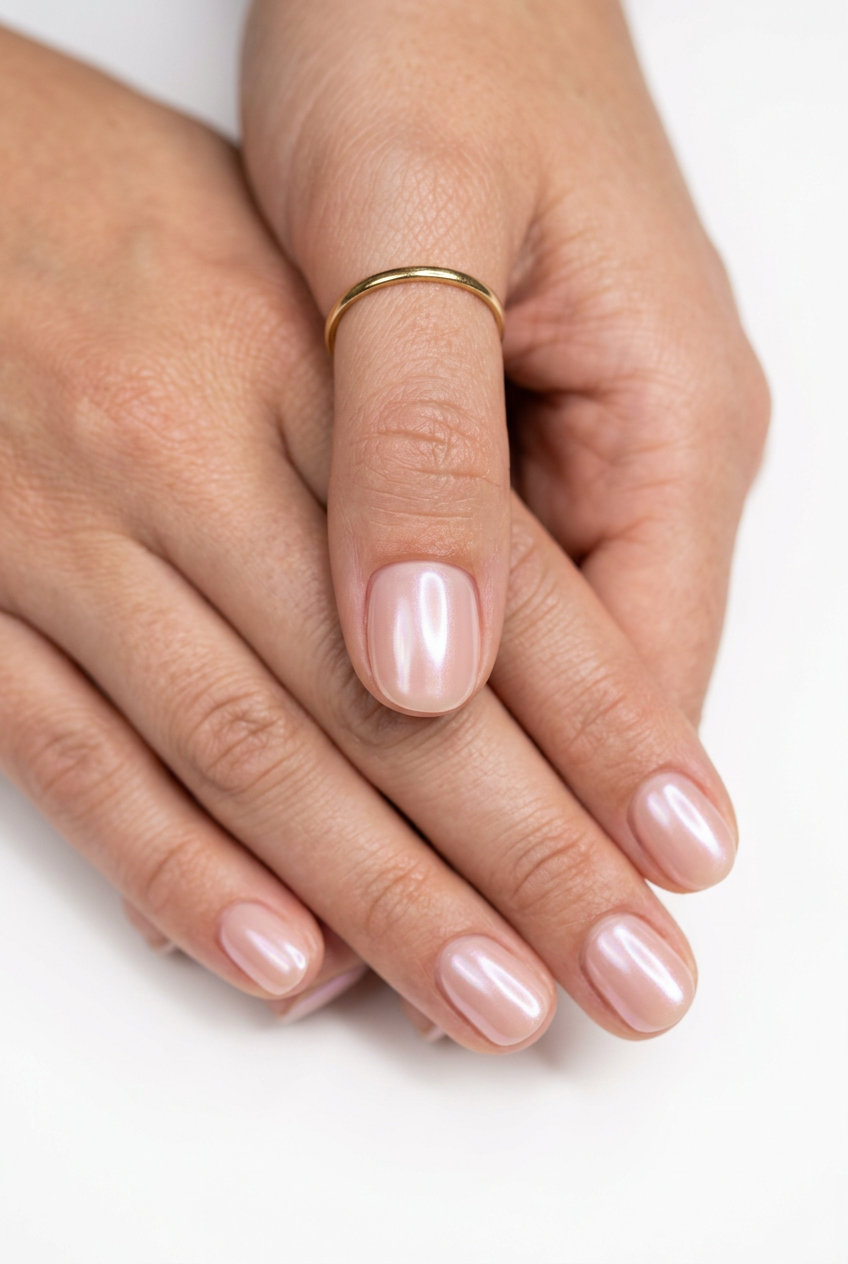 Short round summer nails 2026: Nude pink glazed donut with pearlescent chrome.