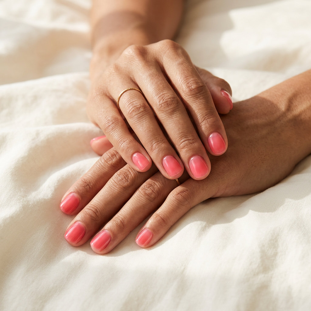 Short round summer nails 2026: Sheer Coral Jelly Glaze for beach days and casual weekends. Playful and radiant.
