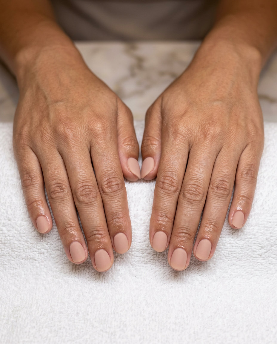 Short round summer nails 2026: Soft nude with a plush velvet matte finish.