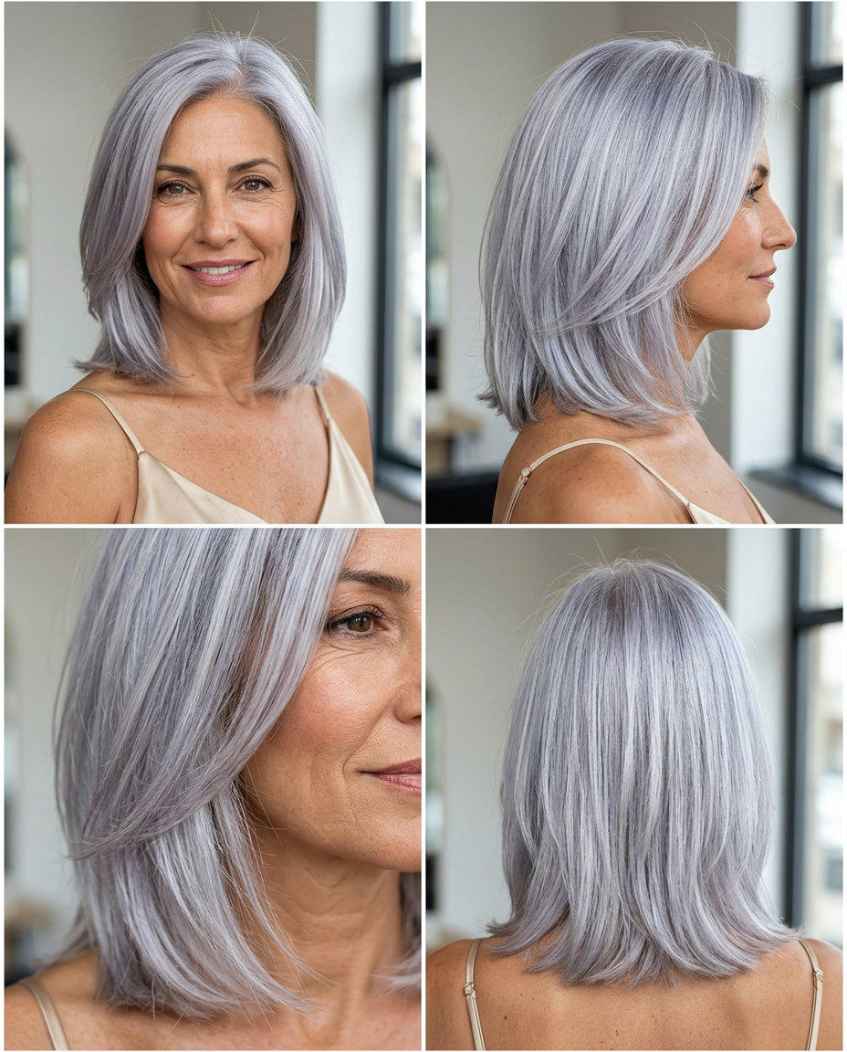 Polished Silver Fox Summer Haircuts 2026 short jaw-skimming bob haircut with silver fox, violet-blue gloss — sophisticated summer style