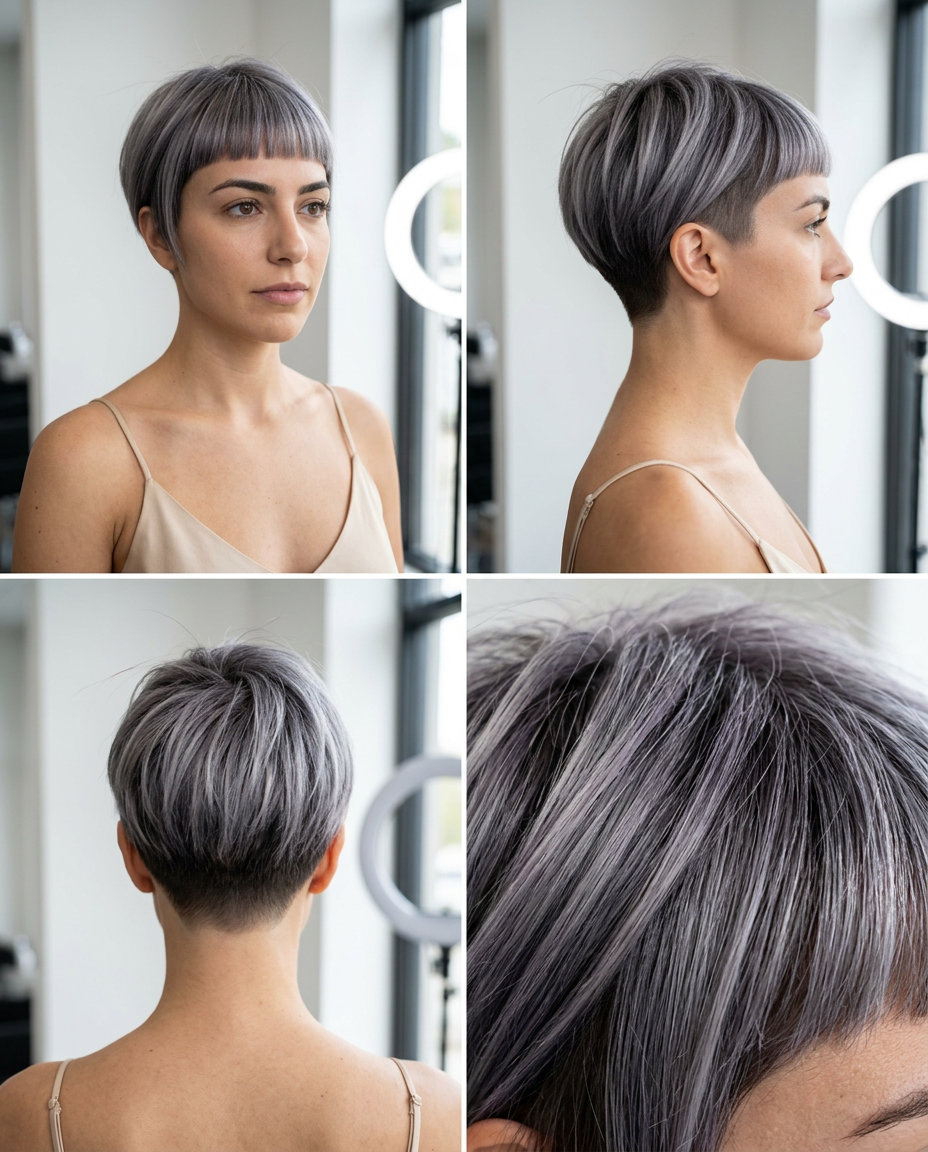 Silver Fox Pixie Haircut 2026: Sophisticated & Modern very short pixie haircut in cool silver-gray with charcoal lowlights, blunt micro-fringe — architectural sophisticated