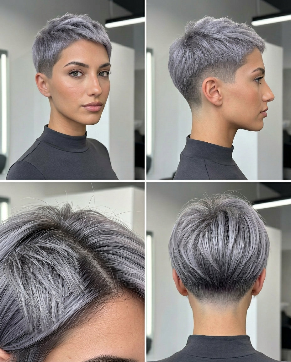 Silver Fox Pixie: Chic Gray Haircut 2026 very short pixie haircut in cool silver-gray with violet undertones, blunt edges, no fringe — sophisticated