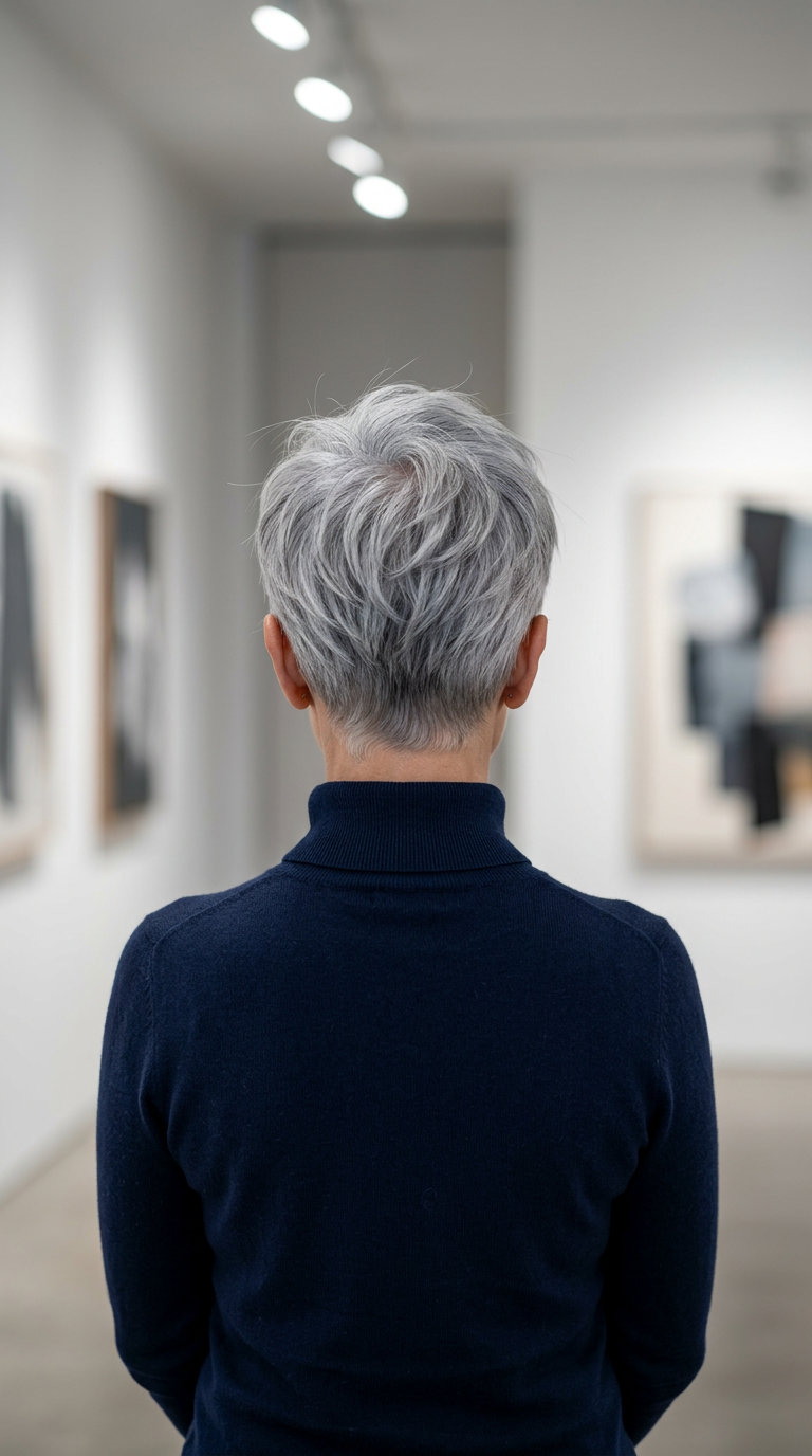 Silver Fox Pixie 2026: Chic & Sophisticated very short silver-gray pixie haircut with razor texture and feathered edges for summer