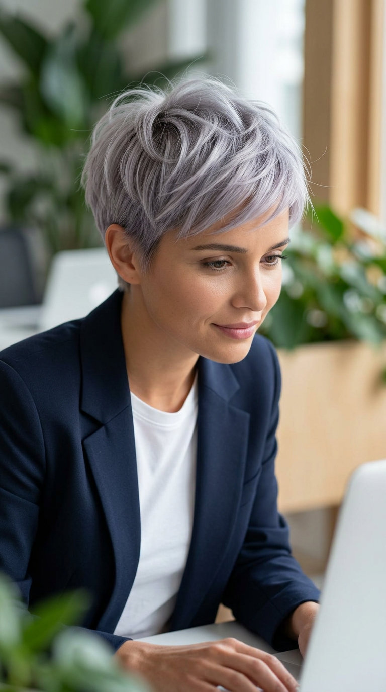 Silver Fox Textured Pixie 2026: Effortless Sophistication very short silver-gray pixie haircut with soft texture and tapered sides for summer
