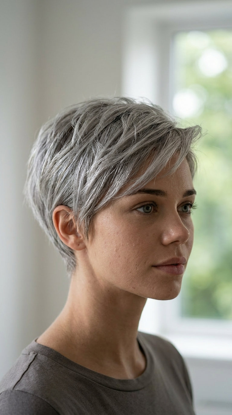 Silver Fox Pixie Haircut 2026: Elegant & Modern very short pixie haircut in cool silver-gray with charcoal lowlights, tapered sides — elegant soft