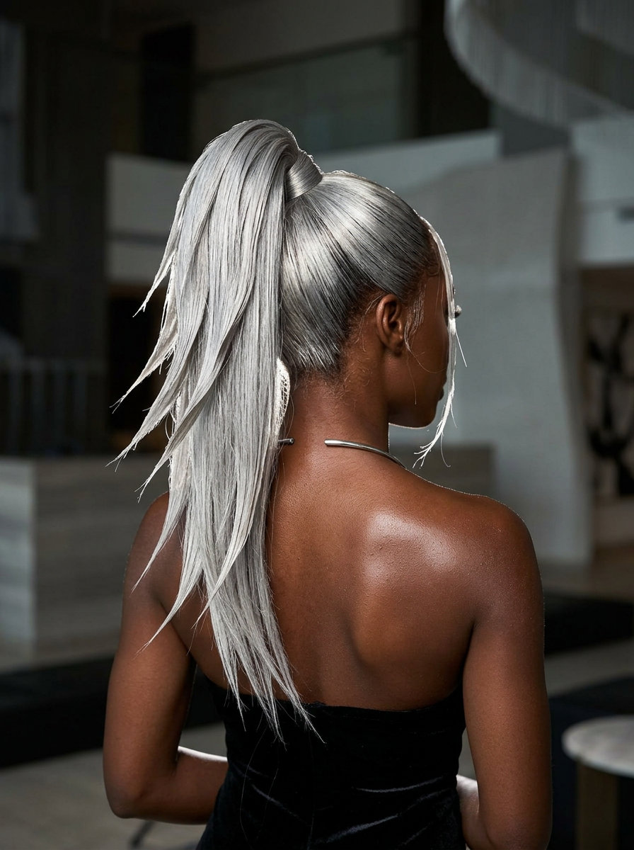Silver Platinum Sculpted Palm Ponytail 2026 long silver platinum ponytail with metallic toner and point-cut layers — futuristic
