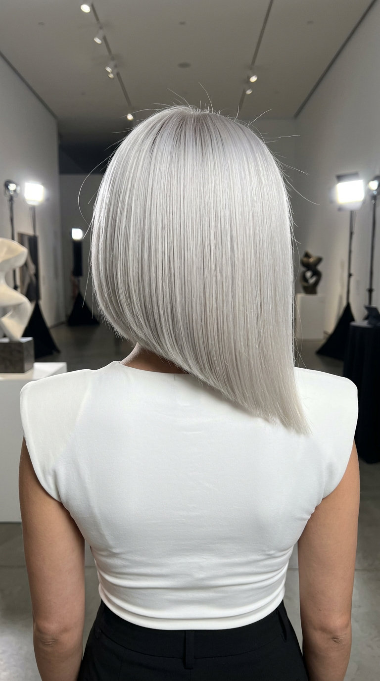 Platinum Glass Bob 2026: Edgy Wedding Guest Hairstyle short asymmetrical glass bob in silver platinum blonde with blunt perimeter for wedding guest