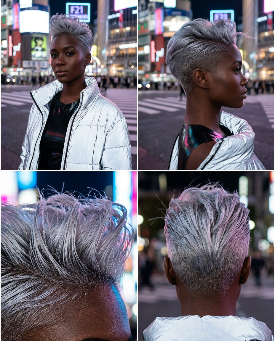 Sculpted Silver Pixie Haircut 2026 short icy silver pixie haircut with textured fringe and tight fade for edgy look