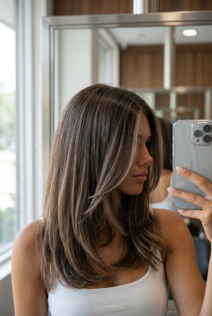 long smoked walnut ribbons with neutral beige, face-framing highlights, no fringe — sophisticated elegant date night
