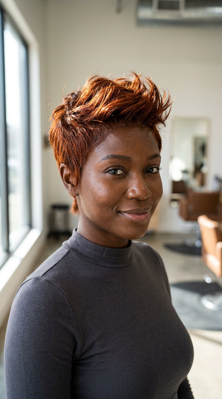 short spiced copper brown pixie, red-orange reflects, razored texture, no fringe — edgy vibrant