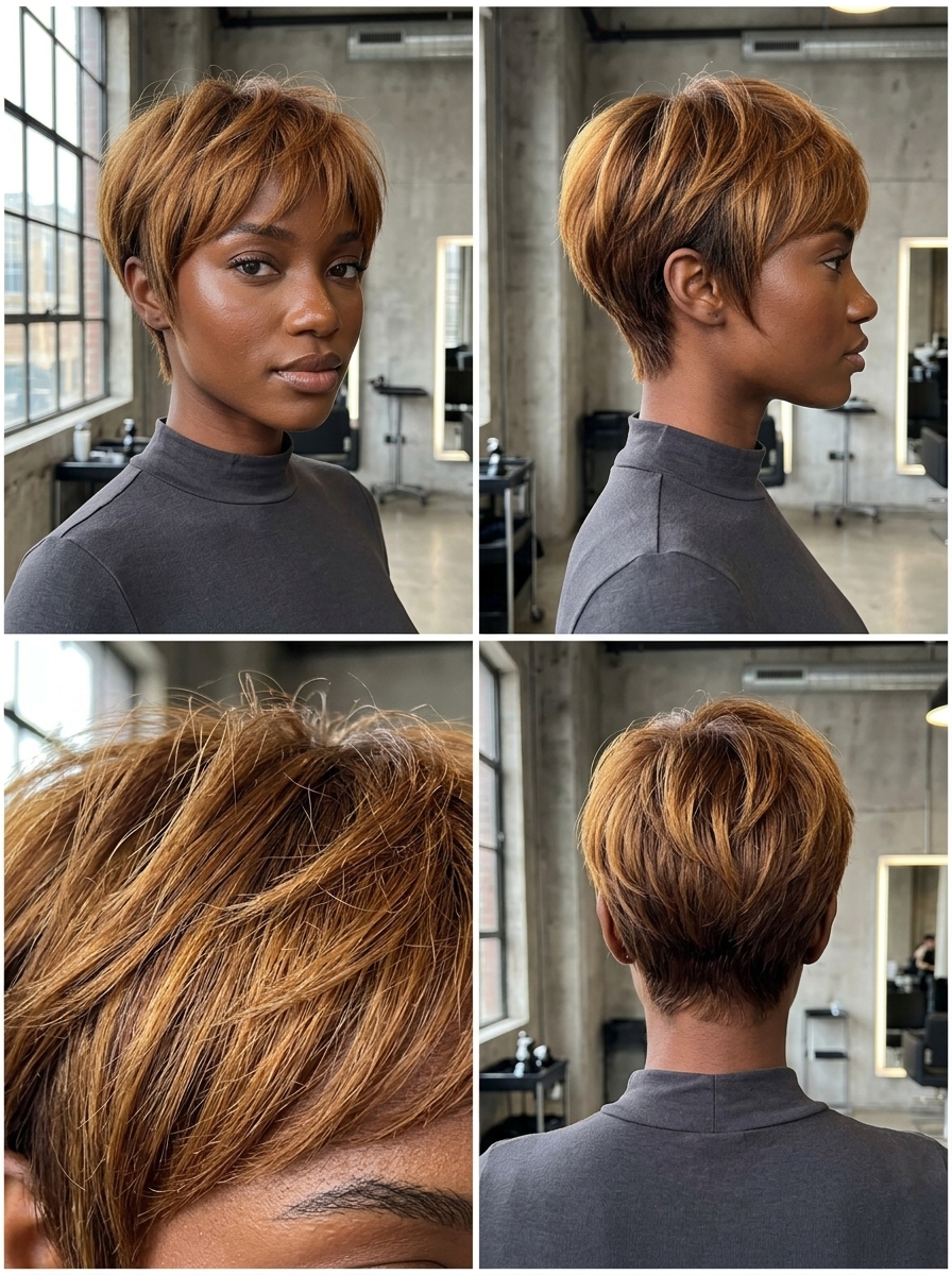 short spiced honey pixie haircut with golden amber undertones, textured layers, natural hair for summer 2026
