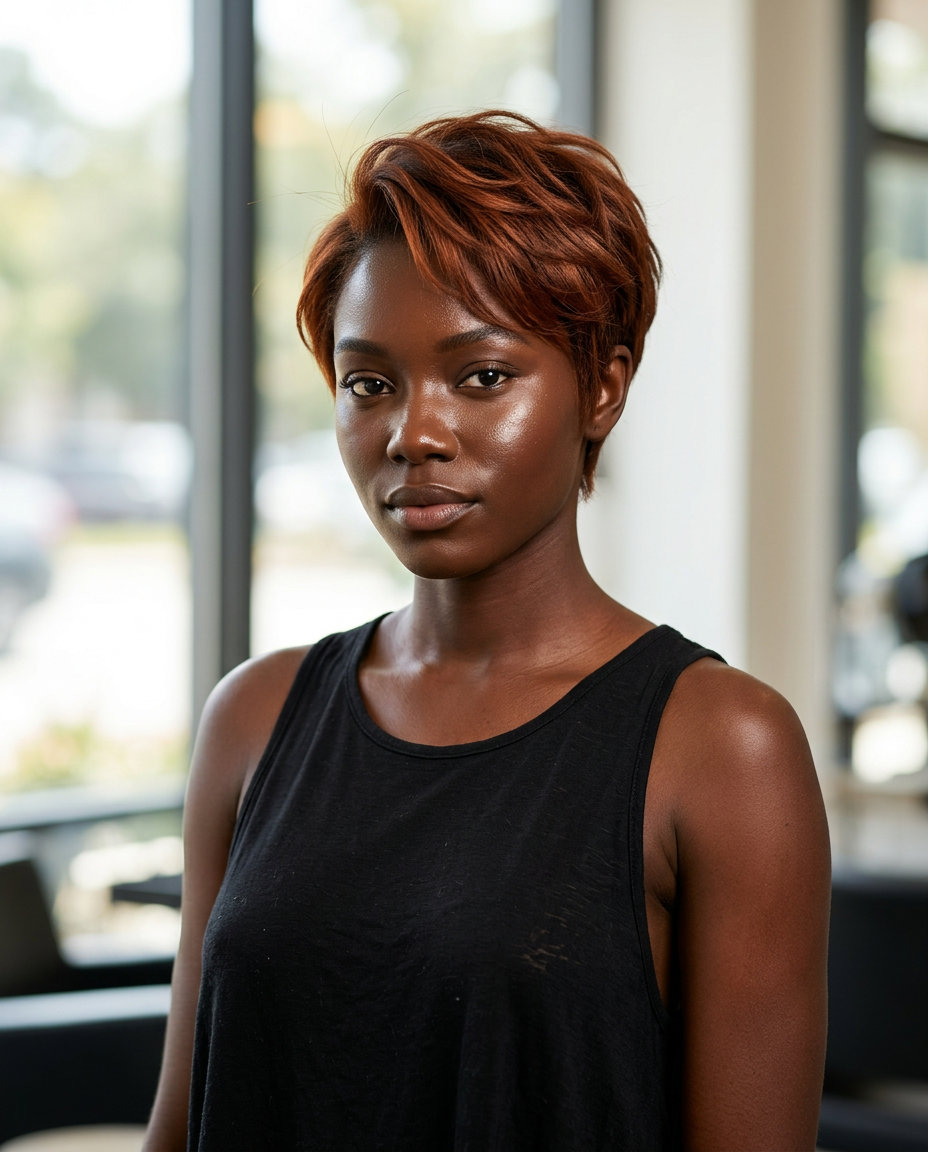 short spiced rum pixie haircut with textured layers and vibrant red undertones for summer