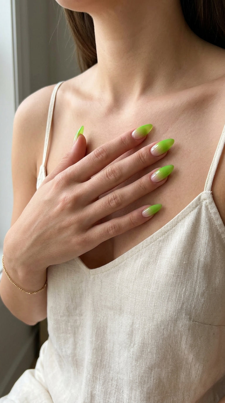 Citrus Jelly Ombre Stiletto nails 2026: Playful lime green jelly gradient for vacation & beach trips.
