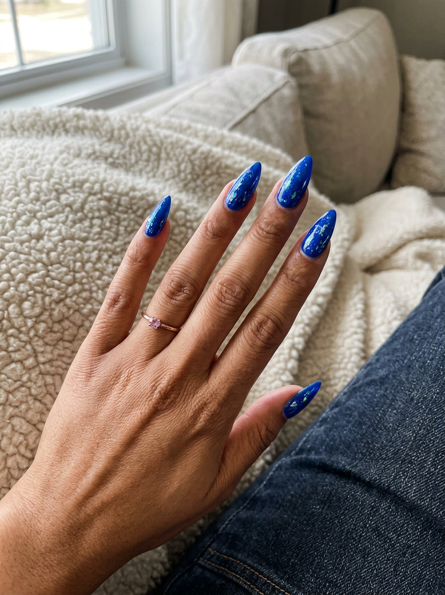 Electric Blue Shattered Glass Stiletto nails 2026: Futuristic bold blue with iridescent foil flakes for festivals and parties.