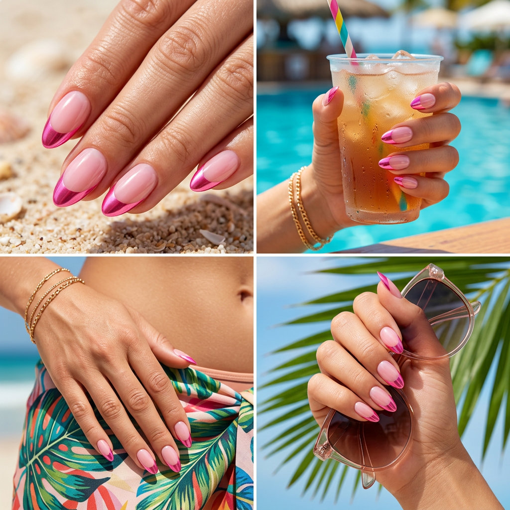 Fuchsia chrome reverse French stiletto nails for summer 2026 parties and nights out. Bold & futuristic.