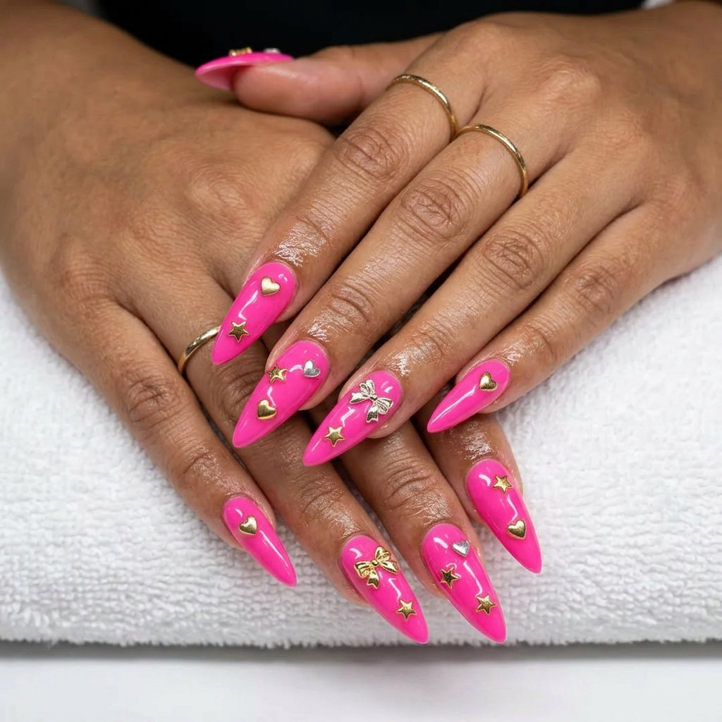 Maximalist Hot Pink Charm Stiletto nails 2026: Whimsical pink with mixed metal charms for festivals.
