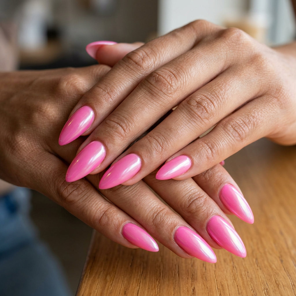 Hot pink glazed stiletto nails for summer 2026 vacations, parties, and dates. Trendy & playful.