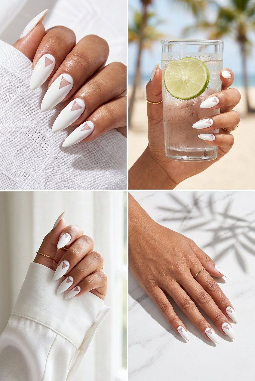 Architectural Negative Space White Stiletto nails 2026: Sophisticated opaque white with geometric clear sections for formal events.