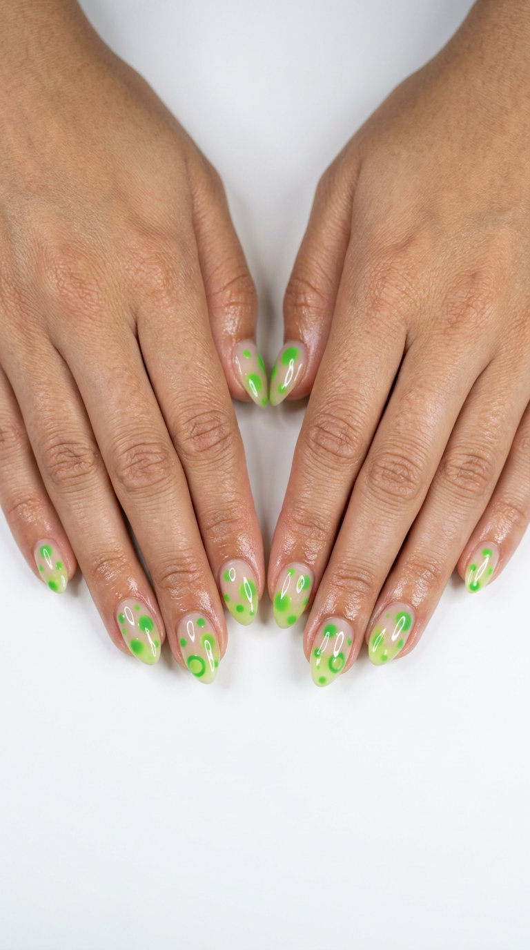Playful Polka Dot Pop Stilettos nails 2026: Fun lime green dots on a clear base for weekend summer fun.