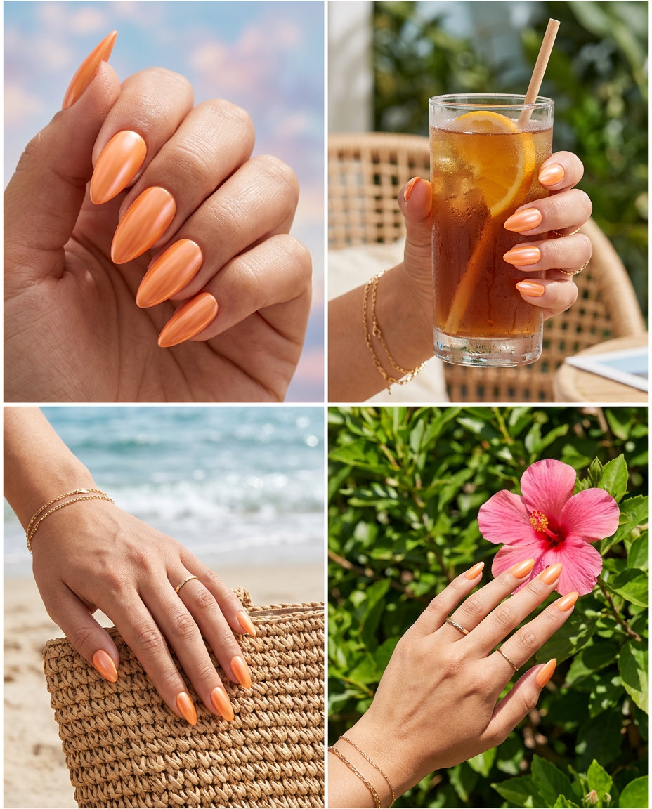 Sunrise chrome sheer coral stiletto nails for summer 2026 weddings and dates. Romantic & ethereal.