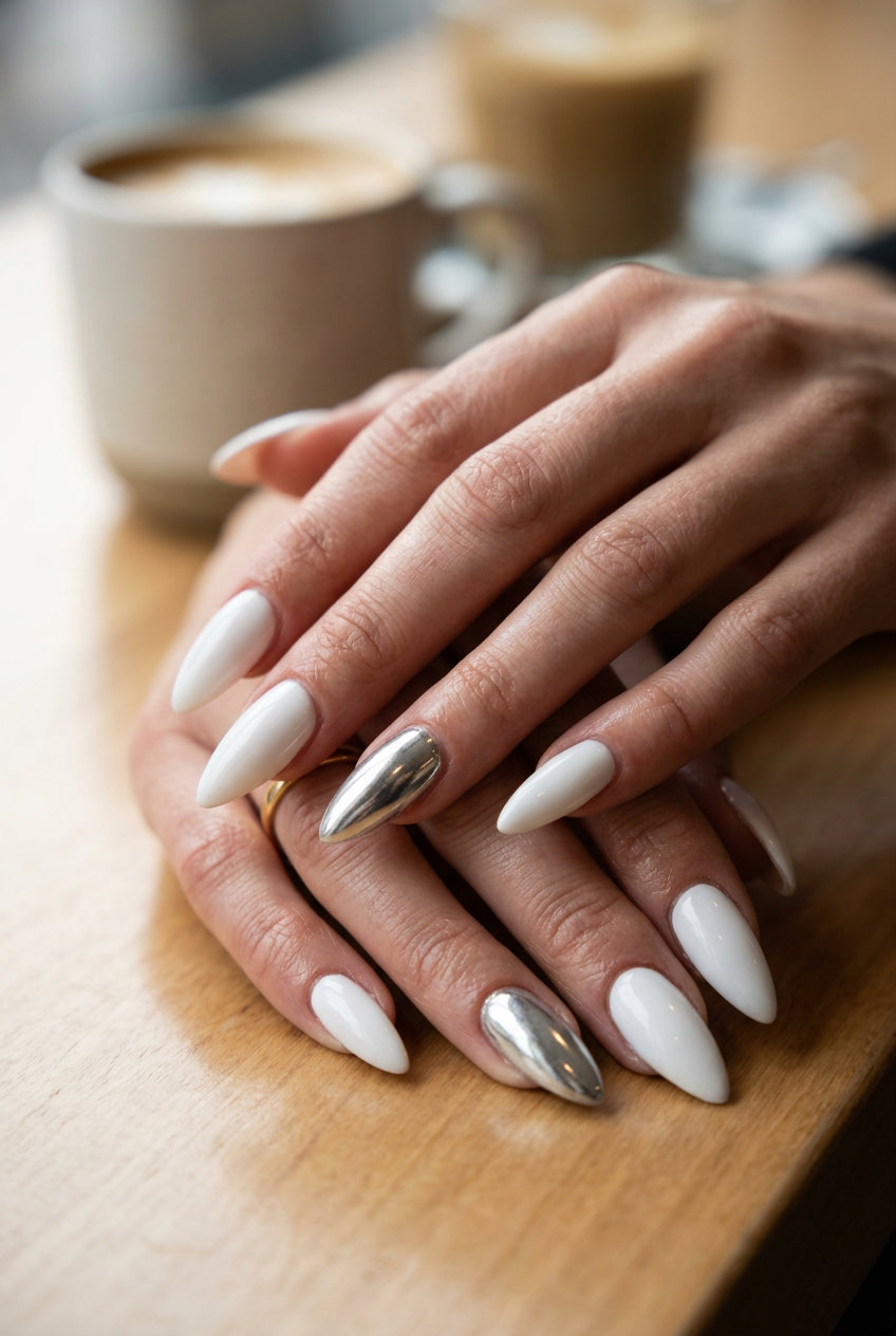 White chrome stiletto nails for summer events 2026. Opaque white with a silver chrome accent nail.