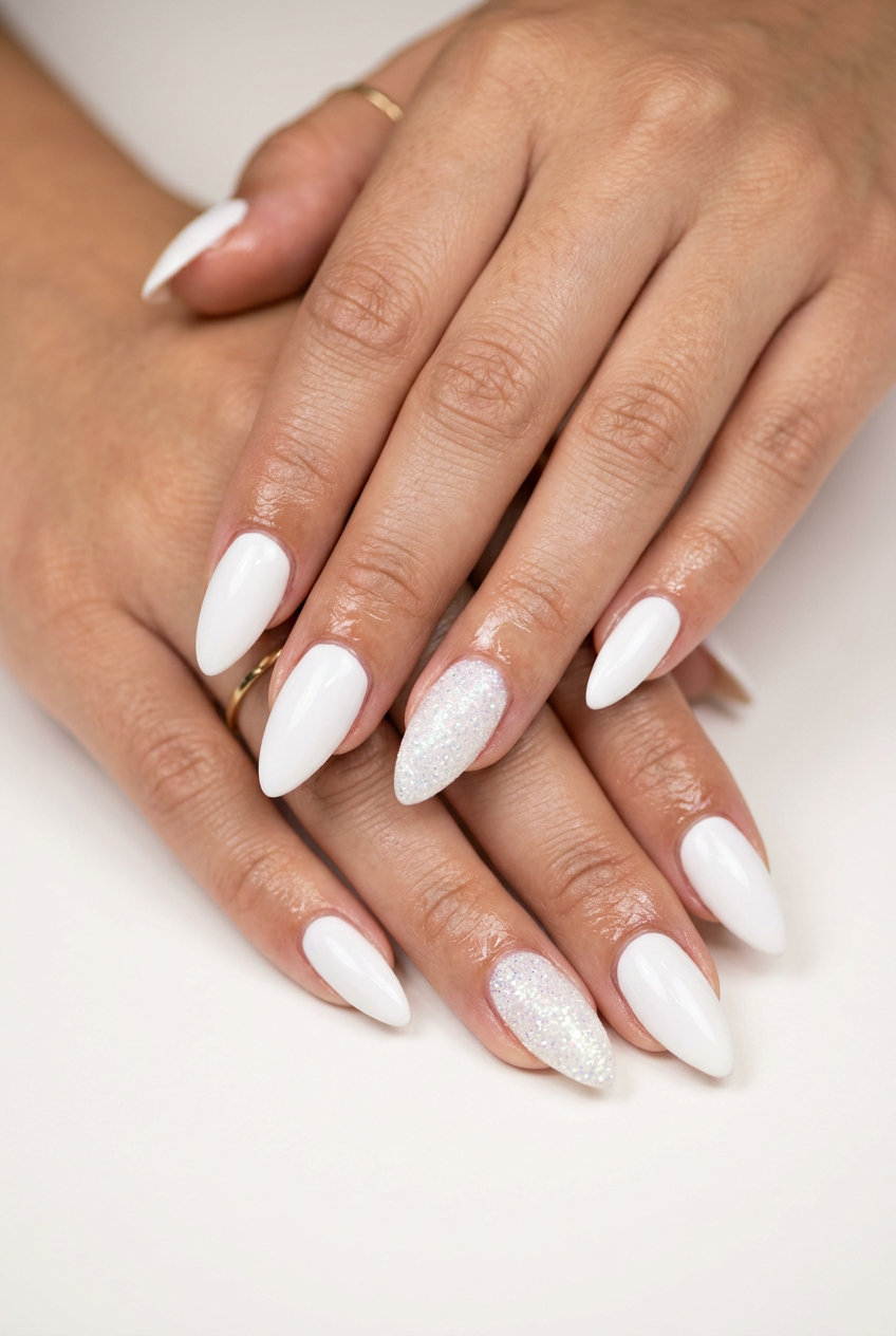 White Glitter Stiletto Accent nails 2026: Chic bright white with sparkling glitter for parties.