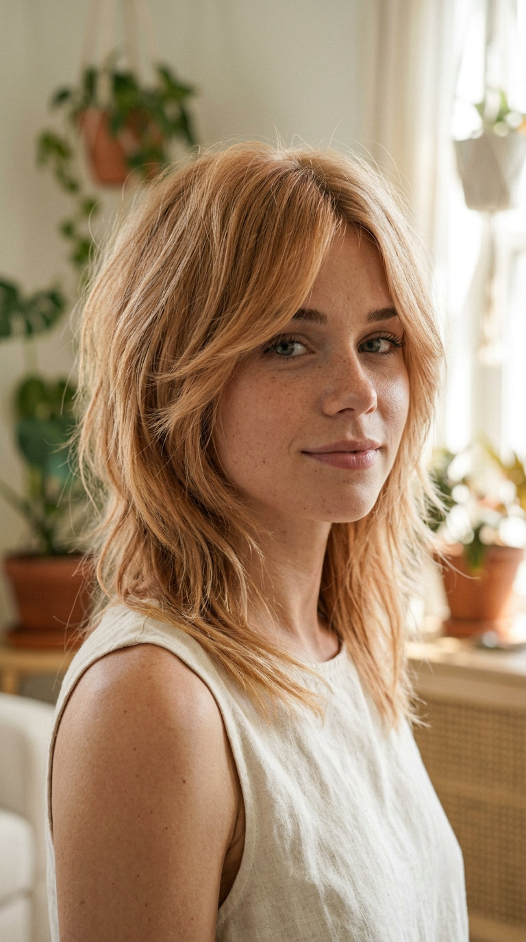 Strawberry Blonde Kitty Cut: Summer 2026 collarbone-length kitty cut with strawberry blonde and apricot highlights, root smudge, eye-skimming fringe — playful textured style