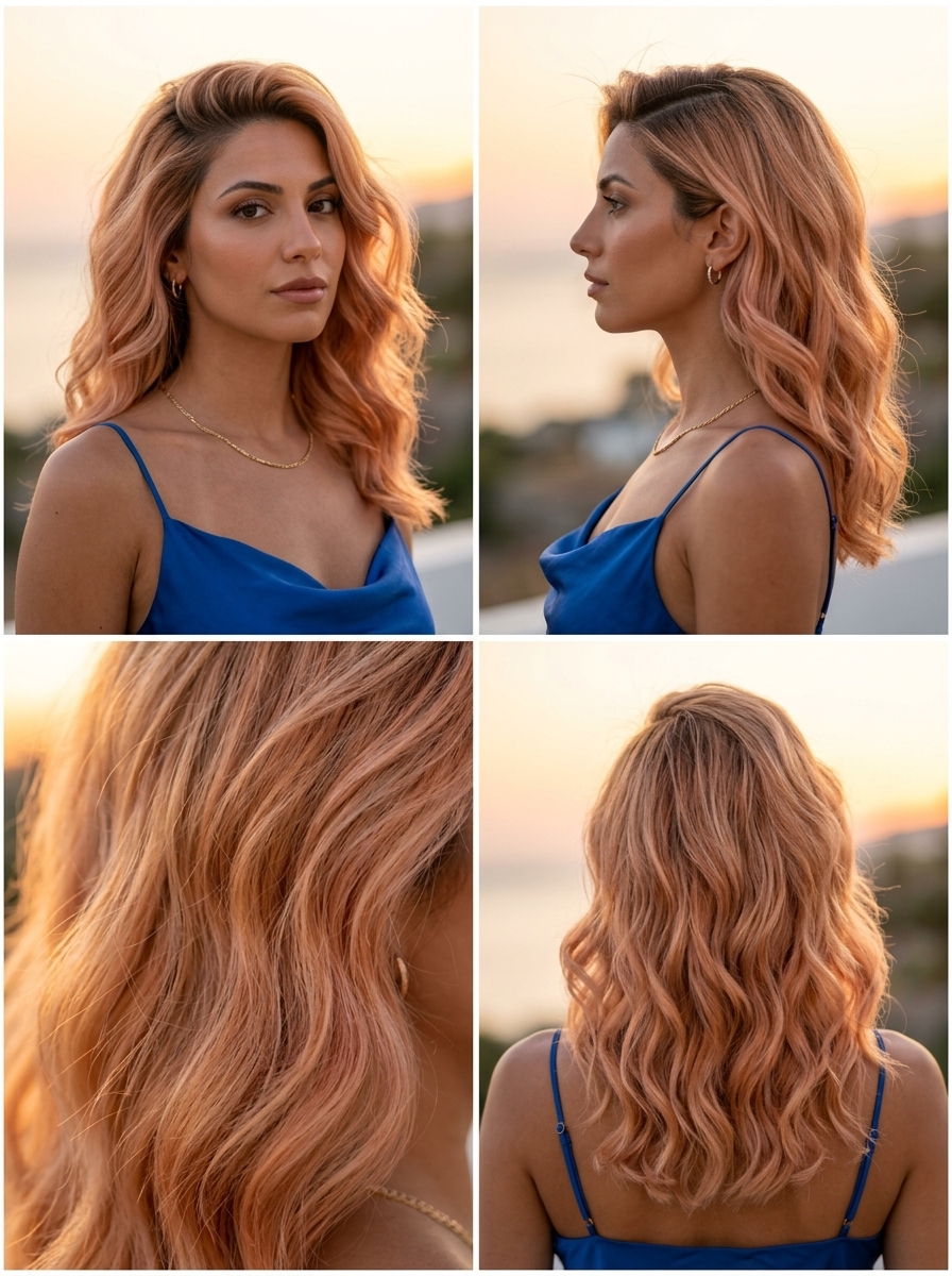 Strawberry Blonde Side Part Waves 2026 long strawberry blonde deep side part waves with apricot crush tones, sultry style for summer 2026