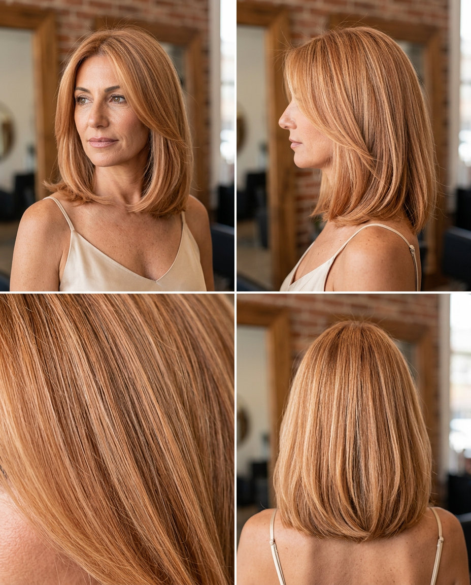 Strawberry Blonde Foilayage Summer Hair 2026 shoulder-length lob haircut with strawberry blonde foilayage, subtle gold highlights — romantic summer look