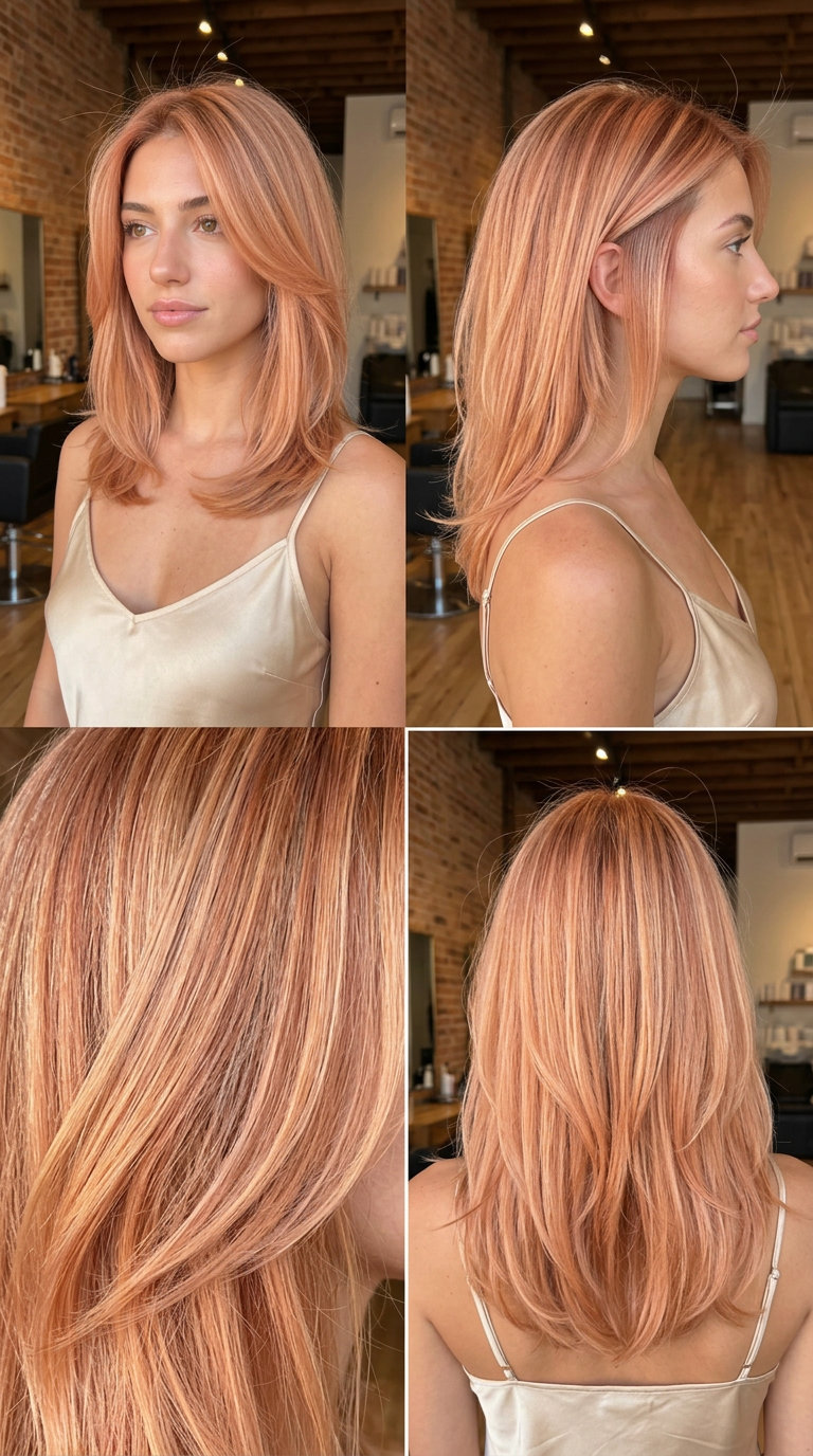 Strawberry Blonde Balayage 2026: Romantic & Soft long strawberry blonde balayage with flowing layers and warm gold tones for summer