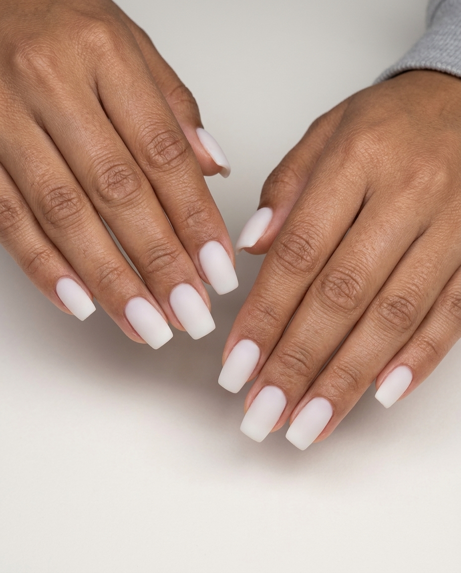Cashmere Cloud Velvet Soft Square nails: milky white with velvet matte finish. Luxurious summer classy nails 2026.