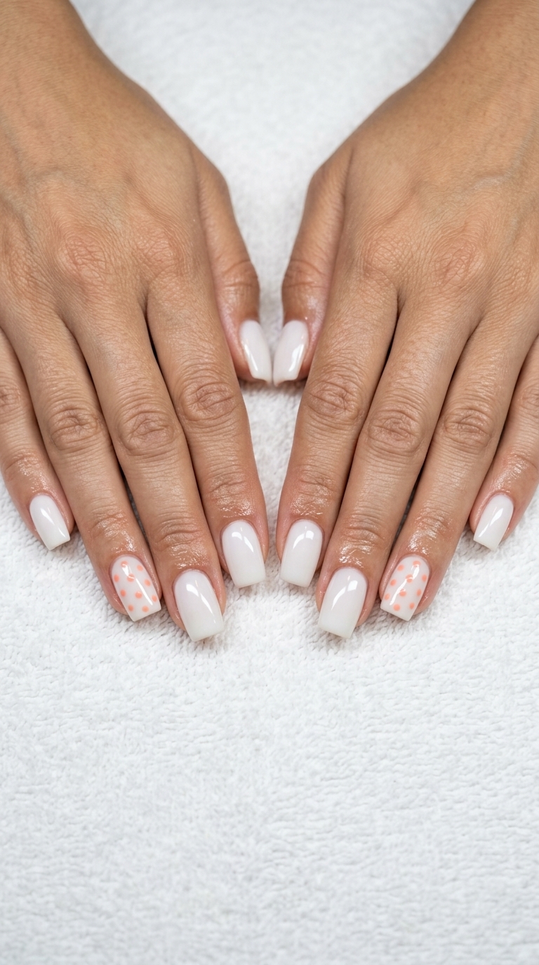 Playful coral dot accent nails for summer classy nails 2026. Perfect for casual outings and summer brunch.