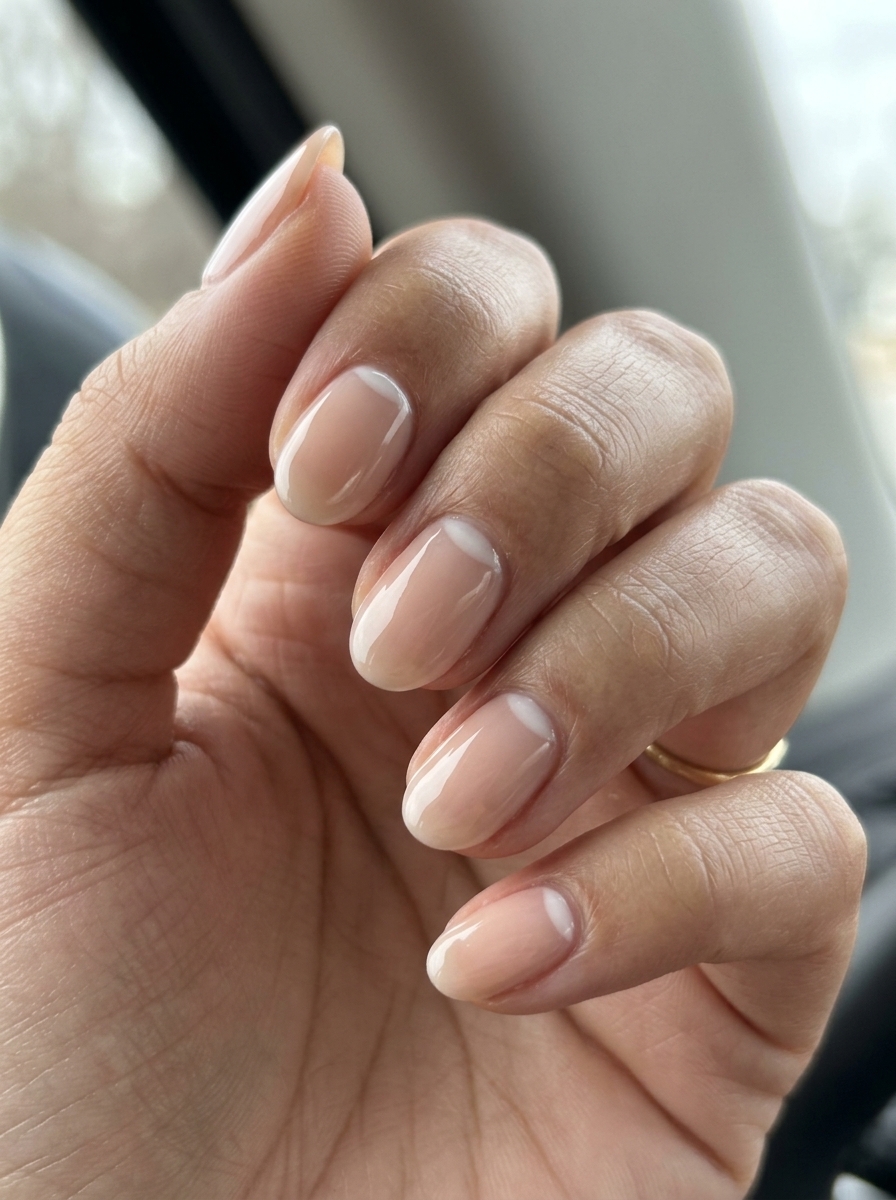 French Moon Revival Nude nails: sheer nude with white crescent. Perfect for summer classy nails 2026.