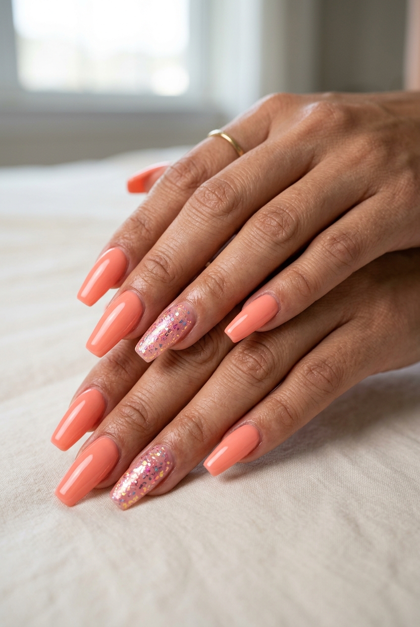 Bold summer classy nails 2026: Light coral with iridescent chrome flakes for festivals.
