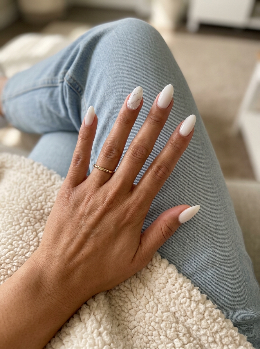 Sophisticated milky white and grey marble nails for summer classy nails 2026. Elegant wedding guest manicure.
