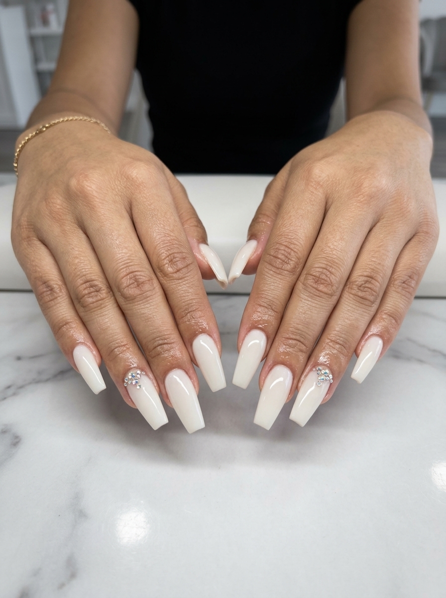 Glamorous summer classy nails 2026: Milky white with crystal accents for weddings and parties.