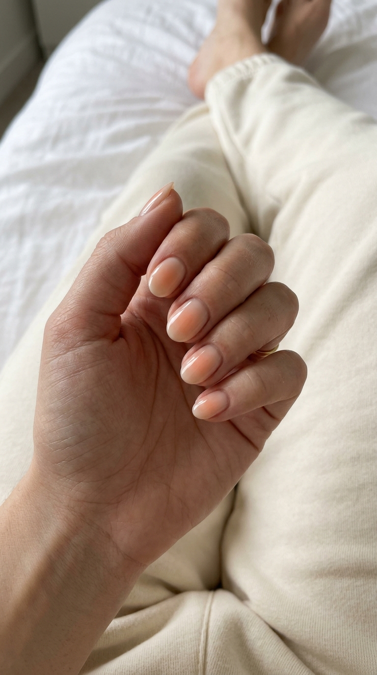 Nude Aura Whisper nails: sheer nude with soft peach/pink aura gradient. Sophisticated summer classy nails 2026.